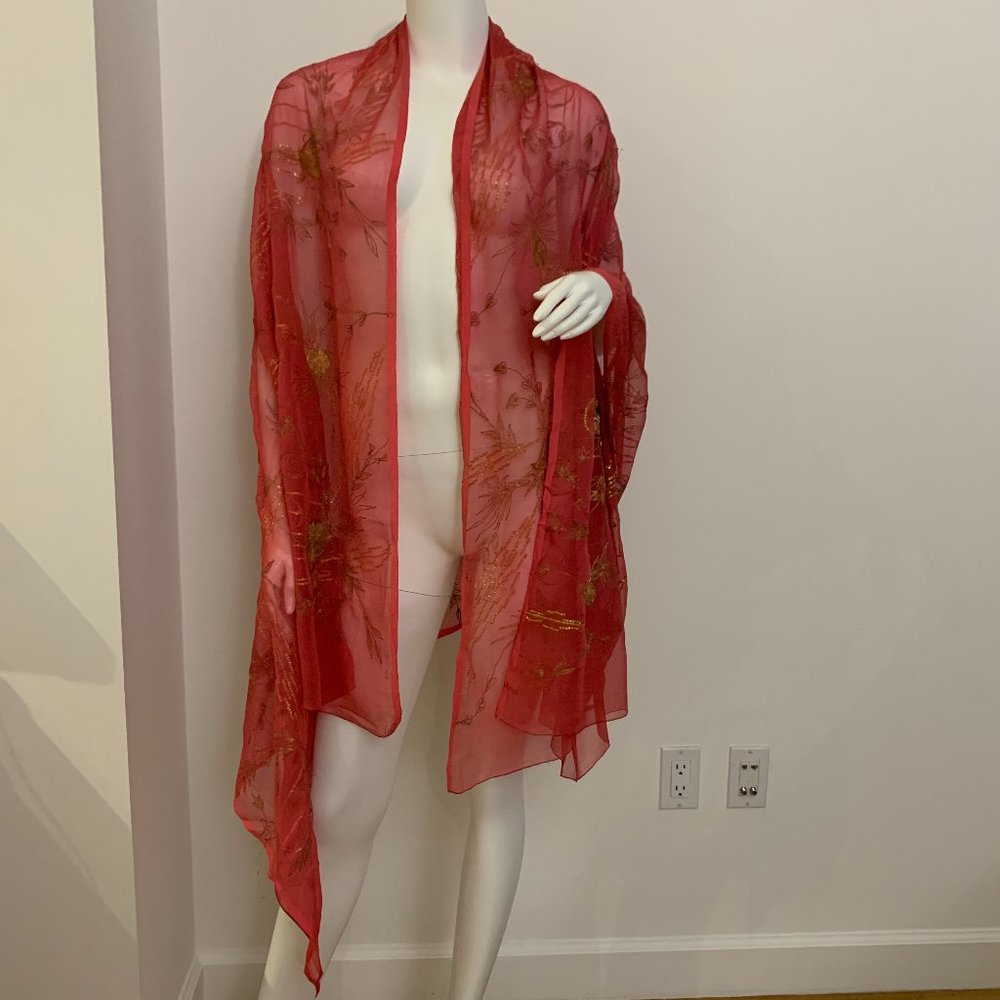 40" x 80" Gold Embroidery Chiffon Silk Scarf